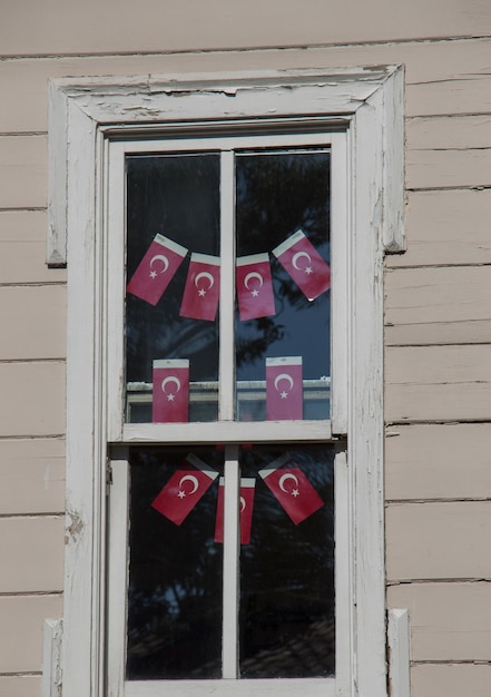 Turkish national flag hang in view in the open air