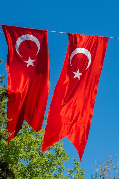 Turkish national flag hang in view in the open air