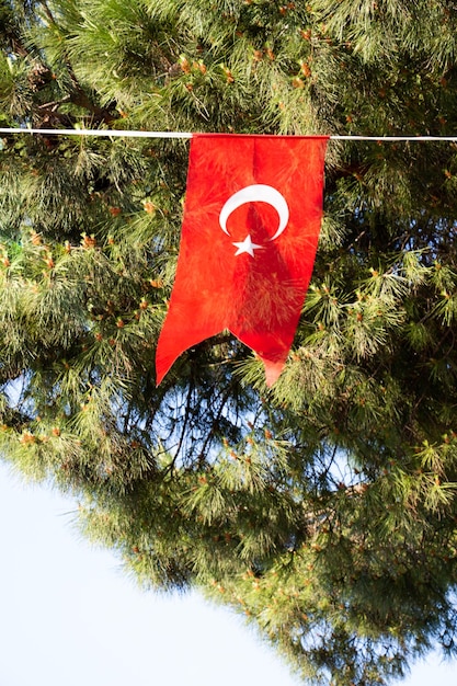 Turkish national flag in open air on a rope