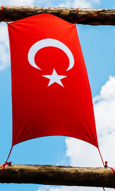 Turkish national flag on a string in view