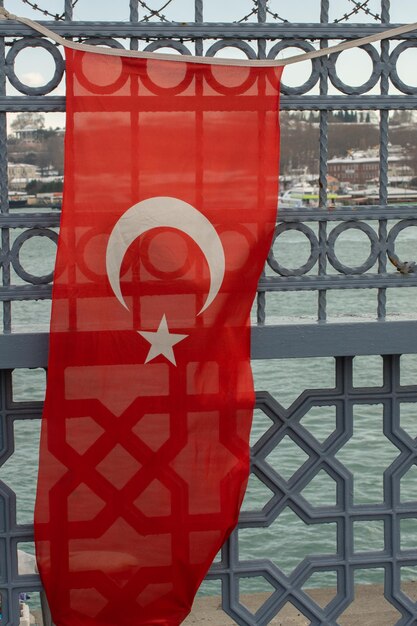 Turkish national flag with white star and moon in sky