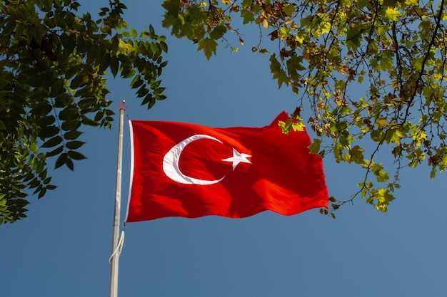 Turkish national flag with white star and moon in sky