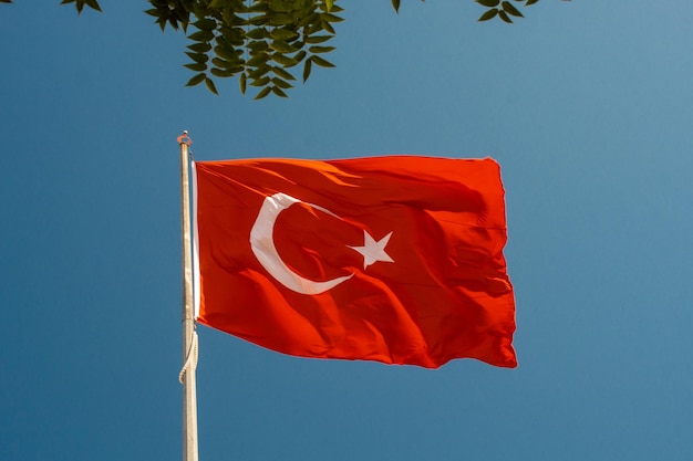 Turkish national flag with white star and moon in sky