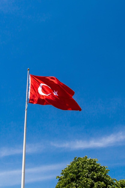 Turkish National Flag with White Star and Moon in Sky