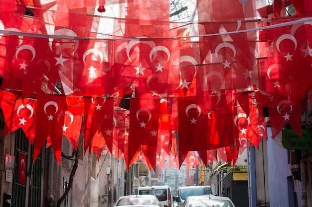 Photo turkish national flags on string in view