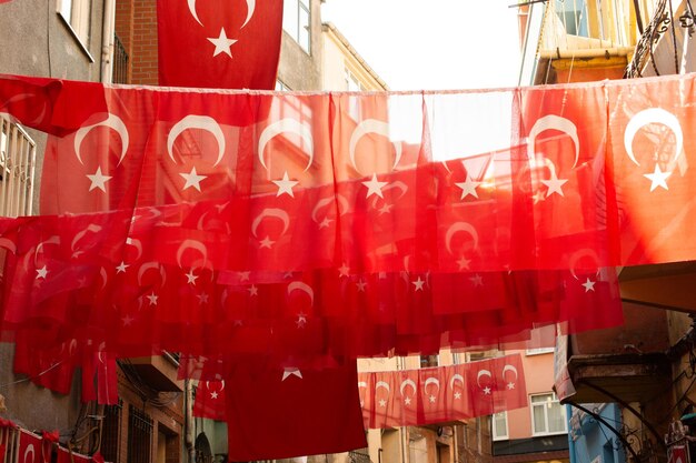 Photo turkish national flags on string in view