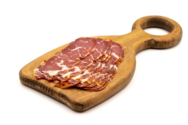 Turkish pastrami Bacon made from ribeye meat Beef pastrami sliced Pastirma or Turkish pastrami Closeup