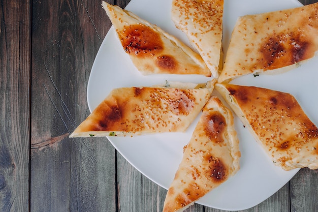Turkish pide traditional food. Top view, copy space