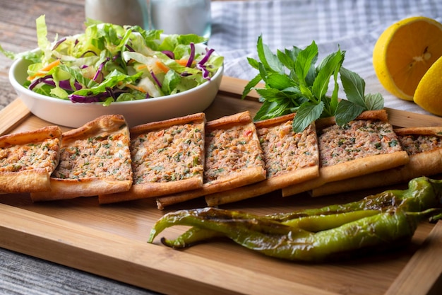 Turkish pide with minced meat, Turkish name; Kiymali Pide. Traditional Turkish cuisine. Turkish pizza Pita with meat.