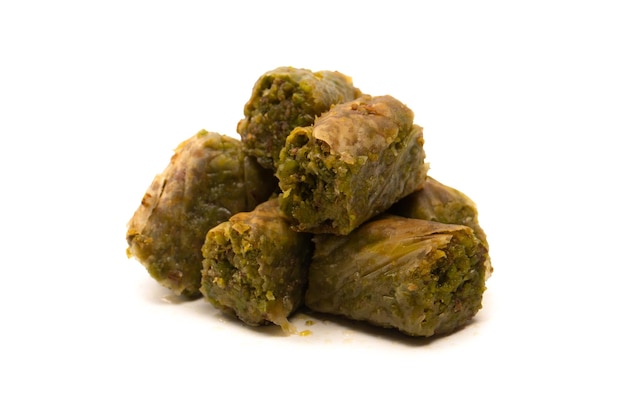 Turkish pistachio baklava isolated on white background