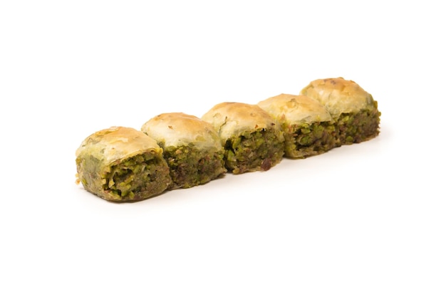 Turkish pistachio baklava isolated on white background