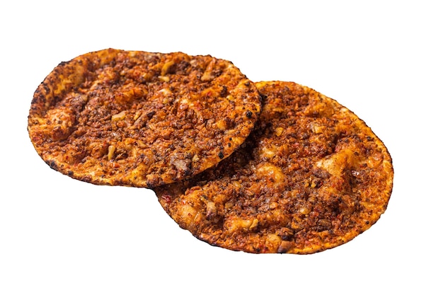 Turkish pizza lahmacun on kitchen table Isolated on white background