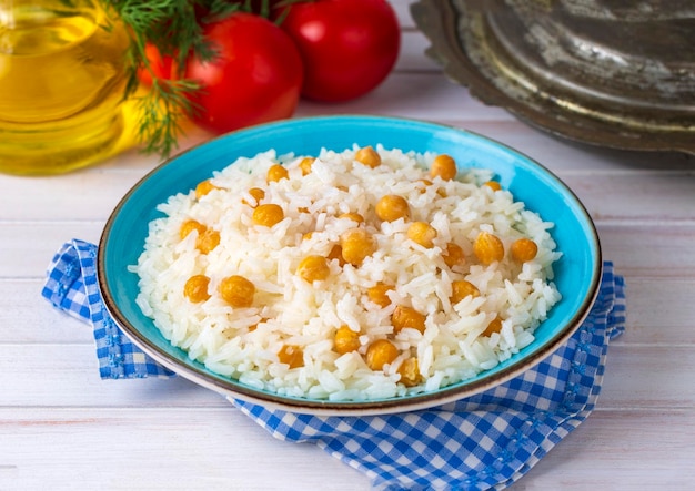 Turkish Rice with chickpea served, Turkish name; Nohutlu pilav or pilaf