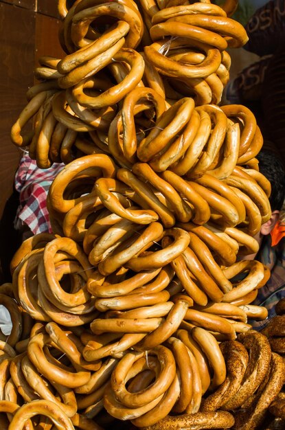 Turkish simits bagels without sesame on display