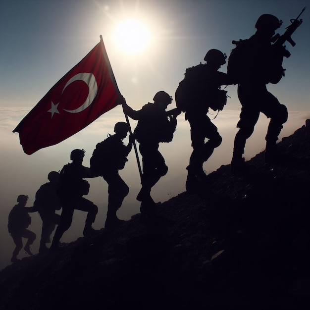 Photo turkish soldiers carry the turkish flag to the summit