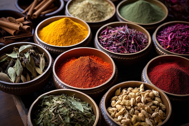 Turkish Spices and Herbs in Colorful Bowls