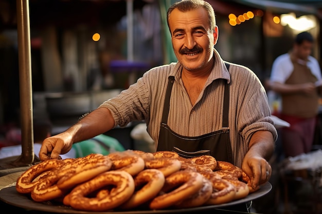 Торговец пикантной турецкой уличной едой Simit