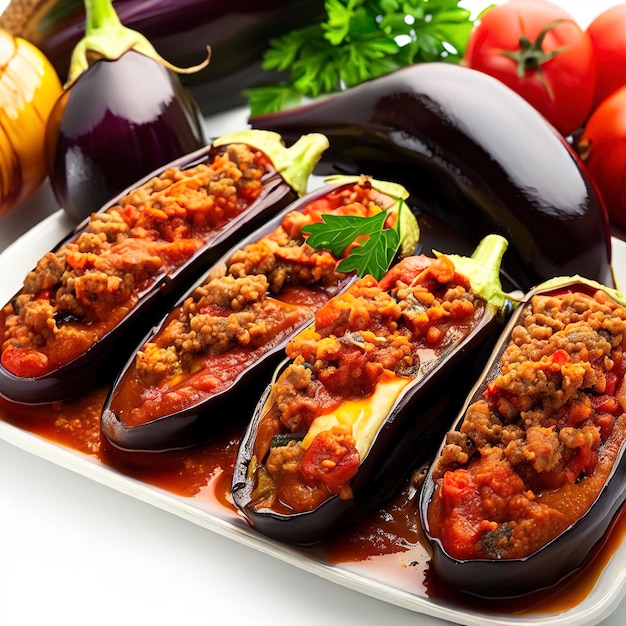 Turkish stuffed eggplants with ground beef and vegetables baked with tomato sauce on white background