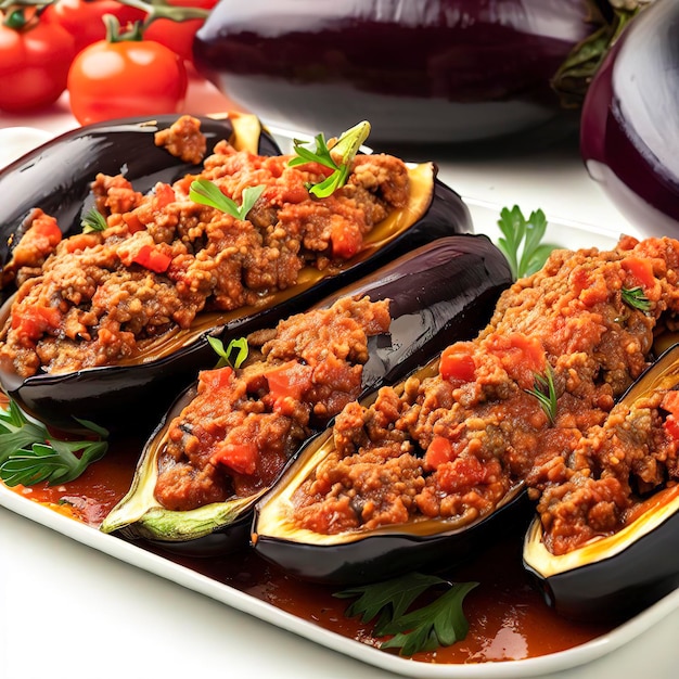 Turkish stuffed eggplants with ground beef and vegetables baked with tomato sauce on white background