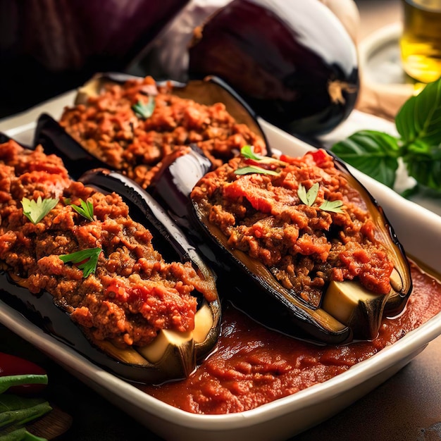 Turkish stuffed eggplants with ground beef and vegetables baked with tomato sauce