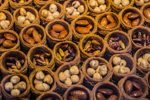 Turkish sweets with nuts: almonds, hazelnuts and pistachio