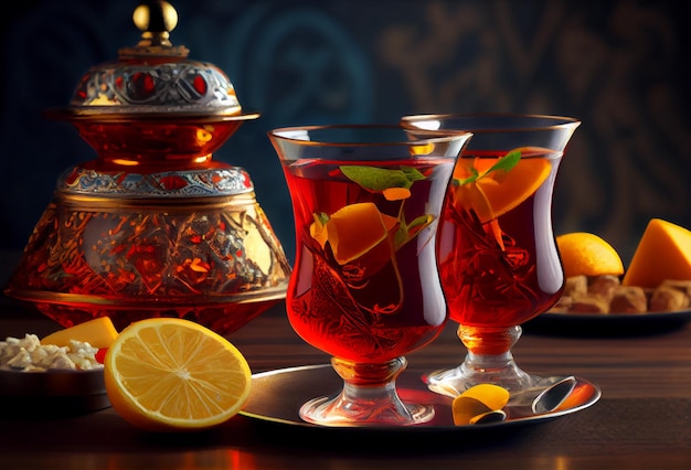 Photo turkish tea in glasses on the table generative ai