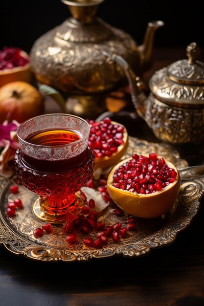 Фото Турецкий чай, подаваемый с большим количеством гранатов