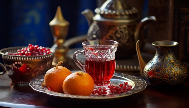 Turkish tea served together with plentiful of pomegranates istanbul