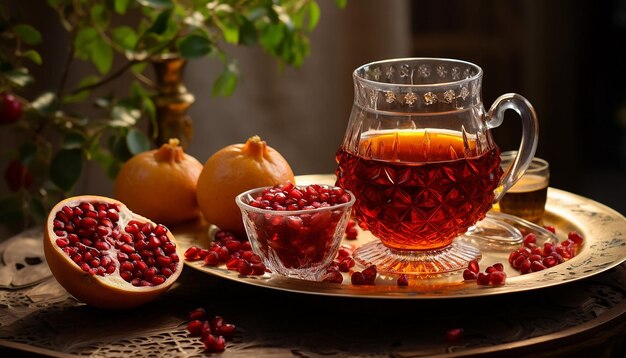 Turkish tea served together with plentiful of pomegranates istanbul