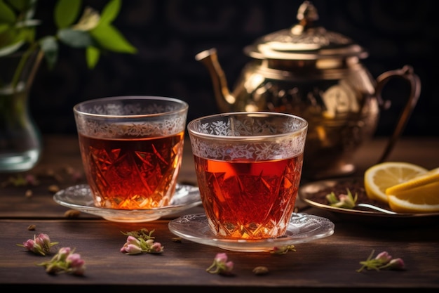 Turkish tea in traditional two glass on wooden background Fresh drink liquid turkey Generate Ai