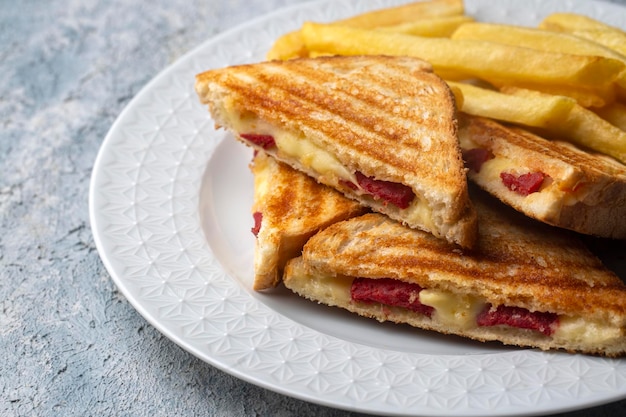 Turkish toast, mixed toast with cheddar cheese, sausage and\
ham, with fried potatoes (turkish name; karisik tost)