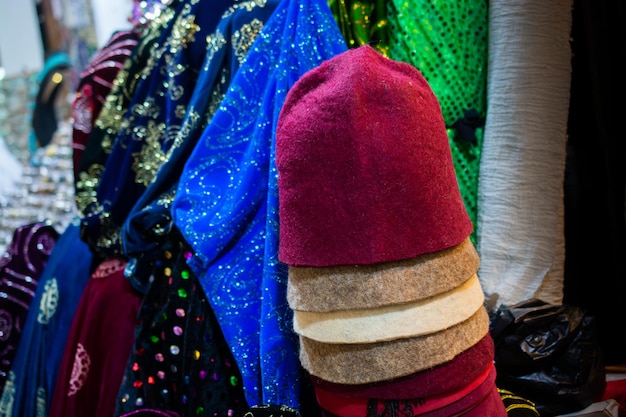 Turkish traditional red hat fez fes or tarboosh with arabic or Ottoman style