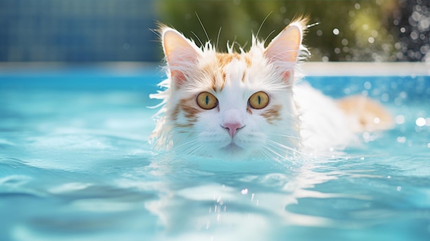 トルコのバン猫がプールで優雅に泳いで ⁇ その特徴的な色のパターンが表示されています ⁇ 