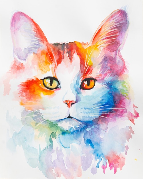 Turkish van cat painted in watercolor on a white background in a realistic manner colorful rainbow