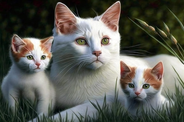 Turkish Van Cat With Kittens In The Grass Generative AI