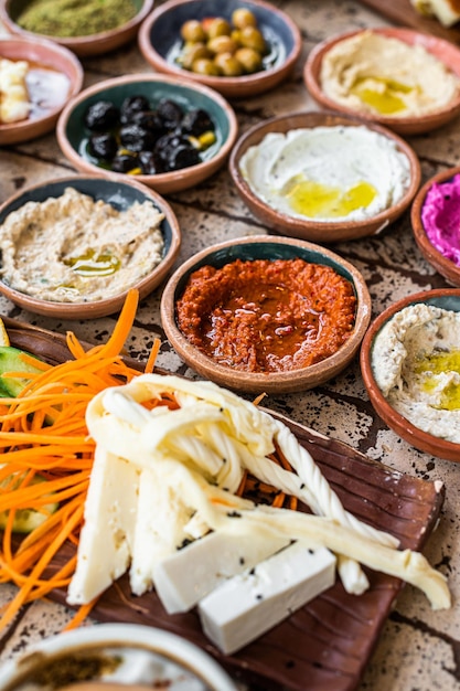 Turkish Village breakfast table served in a restaurant Top view