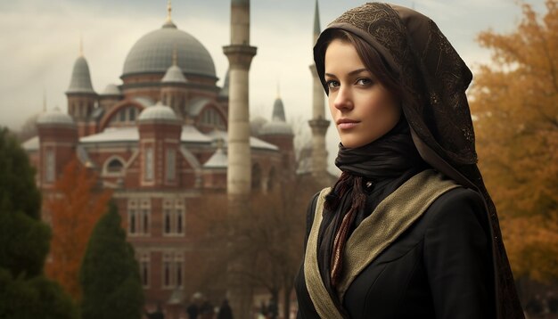 Turkish woman full shot with the majestic Topkapi Palace in the background Historical Fiction