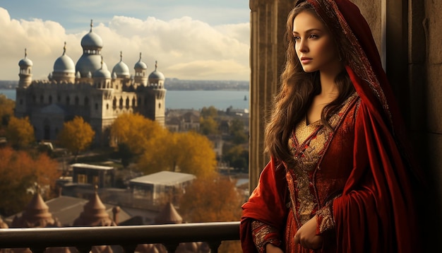 Turkish woman full shot with the majestic Topkapi Palace in the background Historical Fiction