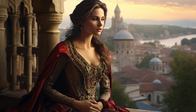 Turkish woman full shot with the majestic Topkapi Palace in the background Historical Fiction
