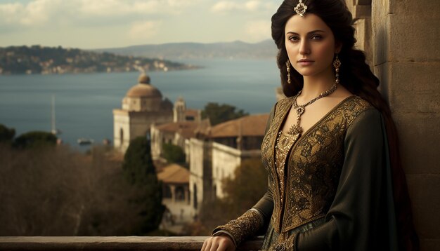 Turkish woman full shot with the majestic Topkapi Palace in the background Historical Fiction