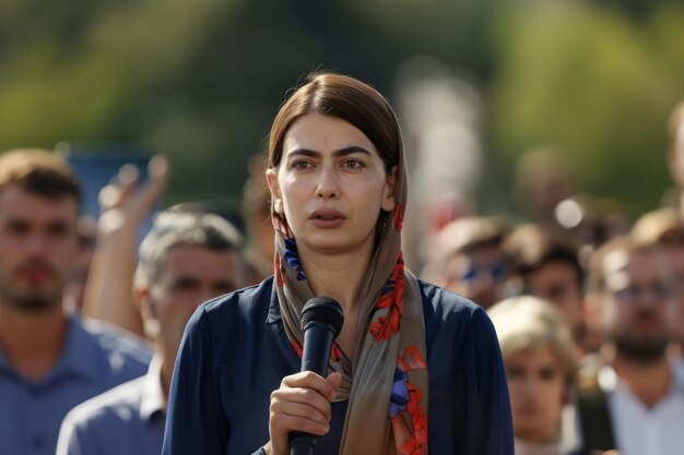 Turkish woman politician giving a speech at a rally