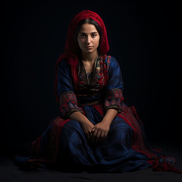 Turkish woman sitting on a black background