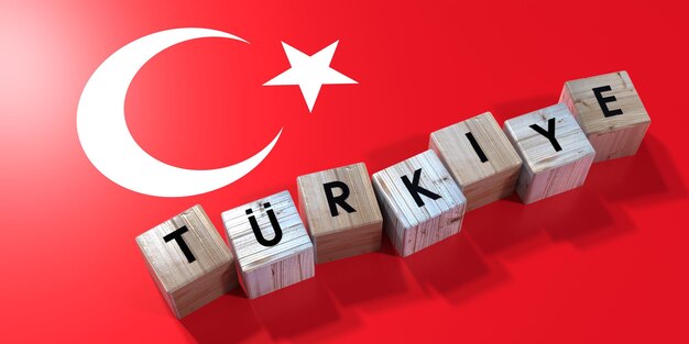 Turkiye turkey wooden cubes and country flag 3d illustration