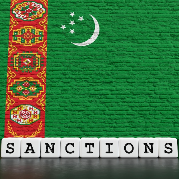 Turkmenistan flag on bricks wall with sanctions
