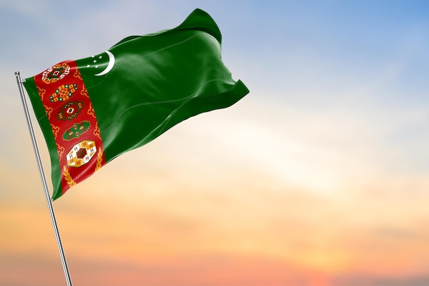 Foto turkmenistan vlag in hoge kwaliteit realistische 3d rendering met zijruimte voor banner tekst en titel