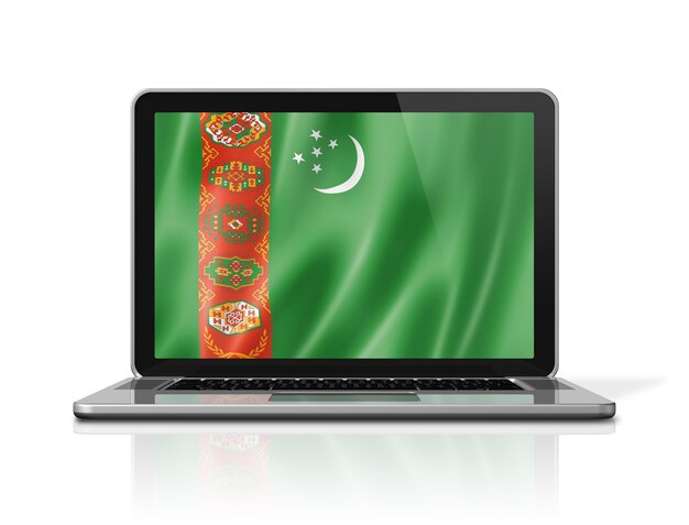 Turkmenistan vlag op laptop scherm geïsoleerd op wit. 3D illustratie geeft terug.