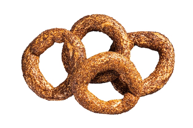 Foto turks bagel simit met traditioneel sesamgebakje dat op witte achtergrond wordt geïsoleerd