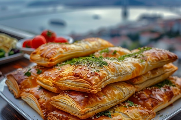 Turkse Bureks Traditionele Borek Vlees gevulde taart Veel zelfgemaakte Boureki Feta Buns Top View