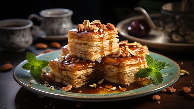 Turkse dessert baklava met noten en honing op een donkere achtergrond generatieve ai