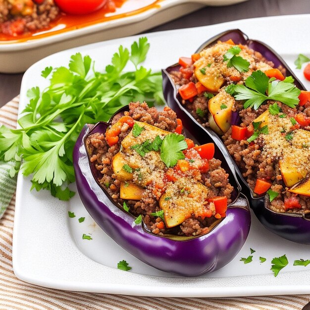 Turkse gevulde aubergines met gemalen rundvlees en groenten gebakken in tomatensaus